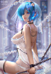 Rule 34 | 1girl, absurdres, arm support, artist name, back cutout, bearwitch, blue eyes, blue hair, bow, breasts, chain, choker, chromatic aberration, clothing cutout, day, hair bow, hair over one eye, hairband, highres, large breasts, lips, looking at viewer, looking back, aged up, pink bow, re:zero kara hajimeru isekai seikatsu, rem (re:zero), restrained, see-through, short hair, sitting, solo, thighhighs