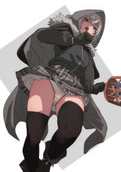 Rule 34 | 1girl, :o, black thighhighs, blue eyes, character request, fate (series), fu-ta, gloves, gray (fate), grey hair, highres, holding, hood, hood up, lord el-melloi ii case files, panties, simple background, thighhighs, underwear, white panties