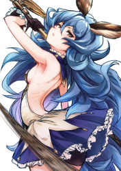 Rule 34 | 1girl, animal ears, arched back, arm up, armpits, back, backless outfit, bike shorts, blue hair, blue skirt, breasts, brown eyes, brown gloves, closed mouth, cluseller, cowboy shot, female focus, ferry (granblue fantasy), frilled skirt, frills, from behind, gloves, granblue fantasy, hair between eyes, highres, holding, holding whip, long hair, looking back, motion blur, ribs, sideboob, simple background, skirt, small breasts, solo, standing, very long hair, whip, white background