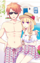 Rule 34 | 1boy, 1girl, :d, bare shoulders, black-framed eyewear, blonde hair, brown hair, collarbone, commentary request, day, drawstring, facing viewer, fingernails, flower, groin, gucchiann, hand on own hip, hat, hat flower, highres, holding, long hair, looking at viewer, male swimwear, multicolored clothes, multicolored male swimwear, multicolored swim trunks, multicolored swimsuit, navel, off-shoulder shirt, off shoulder, open mouth, original, outdoors, parted lips, print male swimwear, print swim trunks, print swimsuit, purple eyes, red flower, red male swimwear, red rose, red swim trunks, rose, shirt, short sleeves, sitting, skirt, smile, standing, sunglasses, swim trunks, swimsuit, topless male, unmoving pattern, v-shaped eyebrows, water, white male swimwear, white shirt, white swim trunks