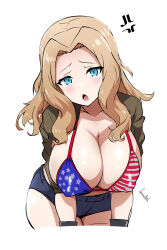 Rule 34 | 1girl, american flag bikini, anger vein, artist name, batta 16-sei, bent over, bikini, bikini top only, black gloves, blonde hair, blue eyes, blue shorts, blush, breasts, brown jacket, cleavage, commentary, covered erect nipples, cowboy shot, flag print, frown, girls und panzer, gloves, hair intakes, half-closed eyes, halterneck, highres, huge breasts, jacket, kay (girls und panzer), large breasts, leaning forward, medium hair, micro shorts, open clothes, open jacket, open mouth, shorts, signature, solo, swimsuit