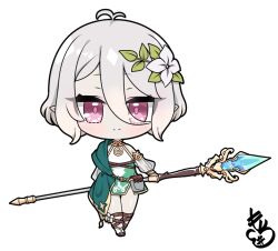 1girl ahoge bare_shoulders chibi detached_sleeves dress flower full_body green_dress hair_flower hair_ornament holding holding_staff kokkoro_(princess_connect!) mochimochi_kinako. pink_eyes princess_connect! short_hair signature smile solo staff white_hair