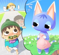 Rule 34 | ..., 1girl, 2boys, :3, animal crossing, animal ears, barefoot, black eyes, blue skin, blue sky, blush, blush stickers, brown eyes, brown hair, butterfly net, cat ears, cat girl, cat tail, clear sky, closed mouth, colored skin, commentary request, contrail, day, dog boy, flower, full body, furry, furry female, furry male, grass, gunshi minoru, hand net, highres, holding, holding butterfly net, indie virtual youtuber, lets0020, mac (animal crossing), medium bangs, multiple boys, nintendo, nose blush, outdoors, rose, rosie (animal crossing), running, short hair, sky, smile, spoken ellipsis, standing, stone floor, tail, towel, villager (animal crossing), virtual youtuber, white flower, yellow flower, yellow rose