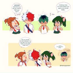Rule 34 | 2boys, 2girls, alternate hairstyle, asui tsuyu, backpack, bag, black eyes, blue eyes, boku no hero academia, bow, breasts, brown eyes, brown hair, burn scar, closed eyes, closed mouth, collared shirt, comic, commentary, english commentary, english text, green hair, green skirt, hair bow, hairstyle switch, hand on another&#039;s head, headpat, heterochromia, highres, holding strap, long hair, looking at another, medium breasts, midoriya izuku, multicolored hair, multiple boys, multiple girls, necktie, open mouth, pink bow, ponytail, red hair, red necktie, scar, scar on face, school uniform, shaded face, shirt, short hair, short sleeves, simple background, skirt, small breasts, smile, speech bubble, split-color hair, thatmightyheart, todoroki shouto, two-tone hair, u.a. school uniform, uraraka ochako, white background, white hair, white shirt