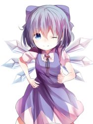Rule 34 | 1girl, backlighting, bad id, bad pixiv id, blue dress, blue eyes, blue hair, bow, cirno, dress, hair bow, ice, ice wings, looking at viewer, matching hair/eyes, one eye closed, opopowa, puffy sleeves, shirt, short sleeves, smile, solo, thumbs up, touhou, wings, wink