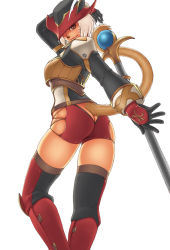 Rule 34 | 00s, 1girl, animal ears, ass, cat ears, cat tail, final fantasy, final fantasy xi, gloves, gochou, gochou (kedama), mithra (ff11), red mage (final fantasy), short shorts, shorts, simple background, solo, tail, thighhighs