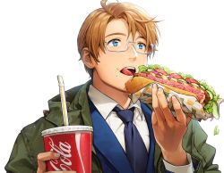 Rule 34 | 1boy, america (hetalia), axis powers hetalia, blue necktie, blue suit, coca-cola, commentary, cucumber, cucumber slice, cup, drinking straw, eating, fingernails, food, food wrapper, formal, glasses, green jacket, holding, holding cup, holding food, jacket, lettuce, looking afar, necktie, onion, sandwich, simple background, subway (company), suit, symbol-only commentary, to@st, upper body, white background