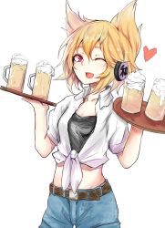 Rule 34 | 1girl, alcohol, alternate costume, beer, belt, blonde hair, casual, contemporary, cup, earmuffs, fang, front-tie top, glass, headphones, heart, highres, kitunemimi, midriff, nyakonro (nekonro), one eye closed, open mouth, purple eyes, shirt, simple background, solo, tied shirt, touhou, toyosatomimi no miko, white background, wink