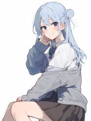 Rule 34 | 1girl, absurdres, black skirt, blue bow, blue bowtie, blue eyes, blue hair, bow, bowtie, cardigan, collared shirt, commentary, double-parted bangs, from side, grey cardigan, hair bun, hand on own cheek, hand on own face, highres, hololive, hoshimachi suisei, karyln, light blush, long hair, looking at viewer, off shoulder, official alternate costume, open cardigan, open clothes, pleated skirt, shirt, sidelocks, simple background, sitting, skirt, smile, solo, star (symbol), star in eye, symbol in eye, virtual youtuber, white background, white shirt