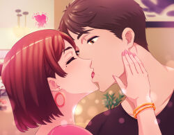 Rule 34 | 1boy, 1girl, bangle, black hair, black shirt, bracelet, brown hair, cheating (relationship), closed eyes, collarbone, earrings, french kiss, hand on another&#039;s face, heart, highres, indoors, jewelry, kiss, looking at another, mature female, mole, mole under eye, nail polish, original, pink nails, pink shirt, renemu, saliva, shirt, short hair, yellow eyes