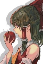 Rule 34 | 1girl, apple, ascot, bad apple!!, bare shoulders, bow, brown hair, detached sleeves, food, frilled bow, frills, fruit, hair bow, hair tubes, hakurei reimu, holding, holding food, holding fruit, hungry clicker, long hair, open mouth, profile, red bow, ribbon-trimmed sleeves, ribbon trim, shadow, sidelocks, solo, touhou, upper body, yellow ascot