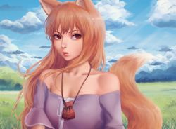Rule 34 | 1girl, animal ears, brown hair, cloud, cloudy sky, day, field, forest, grass, grasslands, highres, holo, looking at viewer, miura-n315, mountain, nature, red eyes, sky, solo, spice and wolf, tail, tree, wolf ears, wolf tail