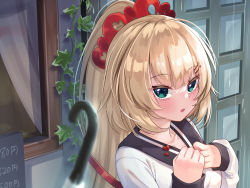 Rule 34 | 1girl, :o, akai haato, akai haato (casual), aqua eyes, black sailor collar, blonde hair, blurry, blush, commentary request, depth of field, hair ornament, hairpin, hands on own chest, highres, hololive, long hair, long sleeves, looking at viewer, magowasabi, outdoors, plant, ponytail, ponytail holder, rain, sailor collar, shirt, sidelocks, sleeves past wrists, solo, umbrella, vines, virtual youtuber, white shirt, window