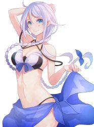 Rule 34 | 1girl, adapted costume, ahoge, bikini, black bikini, blue eyes, blue sarong, breasts, cleavage, collarbone, commentary request, cowboy shot, hair tie, kantai collection, kasumi (skchkko), long hair, looking at viewer, medium breasts, mole, mole under eye, parted bangs, sarong, silver hair, solo, swimsuit, umikaze (kancolle), very long hair, white background