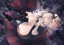 Rule 34 | 1girl, black footwear, blonde hair, blue eyes, boots, box, breasts, character doll, commentary request, cross-laced footwear, danganronpa: trigger happy havoc, danganronpa (series), enoshima junko, full body, gift, gift box, hair ornament, high heel boots, high heels, highres, holding, ikusaba mukuro, impossible clothes, knee boots, knees up, ko jira, lace-up boots, long hair, looking at viewer, lying, miniskirt, monokuma, mushroom, nail polish, on back, plaid, plaid skirt, pleated skirt, red nails, shirt, skirt, sleeves rolled up, smile, twintails