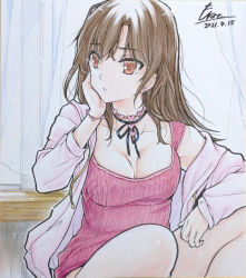 Rule 34 | 1girl, bare shoulders, breasts, brown eyes, brown hair, camisole, character request, cleavage, commentary request, copyright request, hand up, highres, jacket, long hair, monety, off shoulder, open clothes, open jacket, pink jacket, small breasts, solo, upper body
