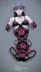 Rule 34 | 1girl, amputee, android, black bra, bra, breasts, cable, closed mouth, collar, detached collar, engine, grey background, hair ornament, highres, jittsu, lingerie, long hair, looking at viewer, lying, mechanical arms, mechanical parts, on back, original, purple eyes, purple hair, quadruple amputee, ribs, small breasts, solo, underwear, wire