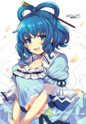 Rule 34 | 1girl, 2017, arm ribbon, blue dress, blue eyes, blue hair, blush, breasts, cleavage, dated, dress, from side, hair ornament, hair stick, iroyopon, kaku seiga, looking at viewer, looking to the side, open clothes, open mouth, open vest, petals, puffy short sleeves, puffy sleeves, ribbon, short hair, short sleeves, signature, simple background, sketch, smile, solo, touhou, vest, white background, white vest