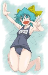 Rule 34 | 1girl, armpits, bad id, bad pixiv id, barefoot, bow, cirno, fang, feet, female focus, flat chest, name tag, one-piece swimsuit, school swimsuit, shoot the bullet, smile, solo, swimsuit, touhou, uousa-ou