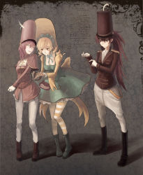 Rule 34 | 3girls, blonde hair, boots, candeloro, candeloro&#039;s familiars, closed eyes, cosplay, die (die0118), drill hair, epaulettes, full body, hat, highres, kaname madoka, mahou shoujo madoka magica, mahou shoujo madoka magica (anime), military, military uniform, multiple girls, pantyhose, personification, pink hair, ponytail, red eyes, red hair, sakura kyoko, shako cap, skirt, smile, spoilers, striped clothes, striped legwear, striped thighhighs, thighhighs, tomoe mami, twin drills, twintails, uniform, witch (madoka magica), yellow eyes