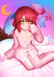 Rule 34 | 100 percent orange juice, 1girl, 200 percent mixed juice, absurdres, artist request, bed, blush, flat chest, highres, ikuse, long hair, looking at viewer, nipples, one breast out, pajamas, pillow, red hair, solo, star-shaped pupils, star (symbol), sumika (200 percent mixed juice), symbol-shaped pupils