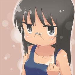 Rule 34 | 1girl, :p, black eyes, black hair, blush, collarbone, copyright name, glasses, long hair, minakami mai, nichijou, one-piece swimsuit, school swimsuit, solo, swimsuit, tan, tanline, tomboo, tongue, tongue out
