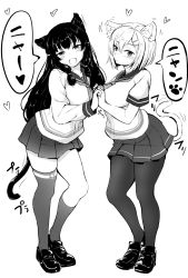 Rule 34 | 2girls, animal ears, blush, cat ears, cat tail, ear wiggle, greyscale, hair ornament, hairclip, hamakaze (kancolle), heart, holding hands, interlocked fingers, isokaze (kancolle), kantai collection, long sleeves, monochrome, multiple girls, neckerchief, nicoby, open mouth, pantyhose, school uniform, serafuku, short hair, short sleeves, skirt, standing, tail, thighhighs, white background