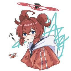 Rule 34 | 1girl, ahoge, black shirt, blue archive, blue eyes, blush, closed mouth, commentary request, crab, cropped torso, double bun, hair between eyes, hair bun, halo, highres, hood, hood down, hooded jacket, jacket, kuzuuo, looking at viewer, maki (blue archive), red hair, red jacket, shirt, simple background, solo, tongue, tongue out, upper body, v-shaped eyebrows, white background