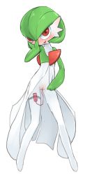 Rule 34 | 1girl, blush, bob cut, colored skin, creatures (company), dress, female focus, full body, game freak, gardevoir, gen 3 pokemon, green hair, green skin, hair between eyes, hand on own cheek, hand on own face, looking at viewer, nintendo, no humans, open mouth, pokemon, pokemon (creature), pussy, pussy juice, red eyes, sex toy, simple background, solo, standing, sweat, thigh strap, tosx, vibrator, vibrator in thigh strap, white background, white dress, white skin