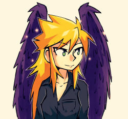 Rule 34 | 1girl, black shirt, blonde hair, breast pocket, breath of fire, closed mouth, collared shirt, feathered wings, green eyes, grey background, nina (breath of fire ii), pocket, popped collar, purple wings, setz, shirt, simple background, smile, solo, sparkle, upper body, wing collar, wings