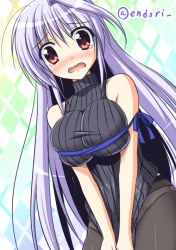 Rule 34 | 1girl, bare shoulders, black pantyhose, blush, breasts, clothes tug, embarrassed, endori, female focus, impossible clothes, impossible sweater, large breasts, long hair, lyrical nanoha, mahou shoujo lyrical nanoha innocent, panties, panties under pantyhose, pantyhose, red eyes, rei no himo, reinforce, ribbed sweater, ribbon, shiny clothes, silver hair, single hair intake, skindentation, solo, sweater, sweater tug, tears, turtleneck, twitter username, underwear, wavy mouth