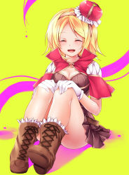Rule 34 | 1girl, :d, ^ ^, blonde hair, blush, boots, breasts, capelet, cleavage, closed eyes, creator (ragnarok online), crown, female focus, full body, gloves, gradient background, hairband, mini crown, open mouth, ragnarok online, short hair, sitting, smile, solo, sorai shin&#039;ya
