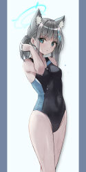 Rule 34 | 1girl, absurdres, animal ear fluff, animal ears, black one-piece swimsuit, blue archive, blue eyes, competition swimsuit, cowboy shot, cross hair ornament, extra ears, grey hair, hair ornament, halo, highres, looking at viewer, medium hair, mismatched pupils, multicolored clothes, multicolored swimsuit, one-piece swimsuit, saibashi (develop komono), shiroko (blue archive), shiroko (swimsuit) (blue archive), solo, standing, swimsuit, white background