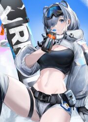 1girl animal_ears arknights arknights:_endfield aurora_(arknights) bear_ears belt_buckle belt_pouch black_gloves blue_eyes breasts buckle cleavage cowboy_shot crop_top cropped_jacket drink eugle_na eyes_visible_through_hair gloves goggles goggles_on_head grey_hair hair_over_one_eye hand_up highres holding jacket large_breasts long_sleeves midriff navel pouch short_hair short_shorts shorts shrug_(clothing) sitting skateboard ski_goggles snowshine_(arknights)_(endfield) thigh_strap thighs white_jacket