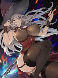 Rule 34 | 10s, 1girl, adjusting hair, bare shoulders, black thighhighs, breasts, brown eyes, cleavage, commentary request, covered erect nipples, curvy, dress, garter straps, granblue fantasy, hair between eyes, hat, holding, large breasts, leg up, long hair, magisa (granblue fantasy), mikurou (nayuta), no panties, ribbed dress, see-through, see-through cleavage, side slit, sideboob, silver hair, smile, solo, staff, thighhighs, thighs, wide hips, witch hat