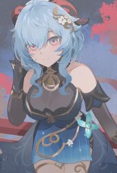 Rule 34 | 1girl, ahoge, bare shoulders, bell, black dress, black gloves, blue dress, blue hair, breasts, cleavage, cowbell, detached sleeves, dress, ganyu (genshin impact), ganyu (twilight blossom) (genshin impact), genshin impact, gloves, goat horns, hair ornament, highres, horns, large breasts, long sleeves, looking at viewer, medium breasts, neck bell, official alternate costume, purple eyes, see-through, sleeveless, sleeveless dress, smile, solo, thighs, younomiti