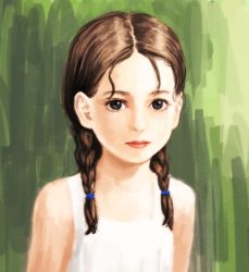 Rule 34 | 1girl, bare shoulders, black eyes, braid, brown hair, closed mouth, dress, green background, hair over shoulder, highres, lipstick, looking at viewer, makeup, medium hair, nazo no anime-dan, original, parted bangs, red lips, solo, twin braids, upper body, white dress