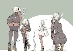 Rule 34 | 4girls, ass, bent over, boots, braid, unworn clothes, unworn footwear, from behind, hairband, kneeling, komi shin&#039;ya, leotard, limited palette, multiple girls, musical note, nier (series), nier:automata, operator 21o, operator 6o, shoes, unworn shoes, short hair, silver hair, spoken musical note, standing, thigh boots, thighhighs, translation request, twin braids, undressing, commander (nier:automata)
