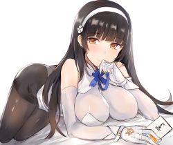 Rule 34 | 1girl, ass, bed, between breasts, black hair, black pantyhose, blue neckerchief, blunt bangs, breasts, brown eyes, closed mouth, cowboy shot, dress, elbow gloves, flower ornament, girls&#039; frontline, gloves, hair over shoulder, hairband, head, headband, highres, hime cut, kyouki, large breasts, leaning forward, lips, long hair, looking at viewer, miniskirt, neckerchief, on bed, pantyhose, parted lips, pink lips, pleated skirt, simple background, skirt, sleeveless, sleeveless dress, solo, standing, type 95 (girls&#039; frontline), very long hair, white background, white dress, white gloves, white hairband