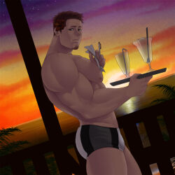Rule 34 | 1boy, bara, black male swimwear, brown hair, closed mouth, cloud, cup, facial hair, holding, holding tray, indoors, large pectorals, looking at viewer, male focus, male swimwear, muscular, muscular male, mxsxe, nipples, original, outdoors, pectorals, short hair, sky, solo, sunset, tray