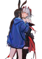 Rule 34 | 2girls, amiya (arknights), animal ears, antennae, arknights, black choker, black jacket, black thighhighs, blue eyes, blue jacket, blush, brown hair, cape, choker, cowboy shot, demon horns, grey hair, hair between eyes, horns, infection monitor (arknights), jacket, jewelry, long hair, long sleeves, multiple girls, ponytail, rabbit ears, red eyes, ring, shenji laurant, shirt, short hair, simple background, tail, thighhighs, w (arknights), yuri