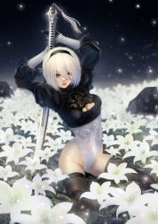Rule 34 | 1girl, 2b (nier:automata), arms up, blue eyes, blurry, blurry background, boots, breasts, clothing cutout, commentary request, feather trim, flower, gloves, hairband, heattech leotard, highleg, highleg leotard, highres, holding, leotard, lips, long sleeves, looking at viewer, lunar tear, medium breasts, mitsuki nite, mole, mole under mouth, nier:automata, nier (series), pale skin, parted lips, puffy sleeves, short hair, simple background, sword, thigh boots, thighs, turtleneck, weapon, white hair