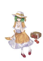 Rule 34 | 1girl, absurdres, alternate costume, apple, arm support, basket, breasts, chinese commentary, commentary request, dress, fedora, flower, food, frilled sleeves, frills, fruit, full body, green hair, hair between eyes, hand up, hat, hat flower, highres, jiushijiu, kazami yuuka, looking at viewer, mary janes, pantyhose, red eyes, red footwear, shoes, short hair, short sleeves, skirt, small breasts, solo, touhou, transparent background, vest, white hat, white pantyhose, white skirt, white vest, yellow dress, yellow flower