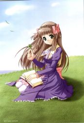 Rule 34 | 00s, 1girl, 2003, bistro cupid, bistro cupid 2, book, bow, braid, brown hair, celery periwinkle, cloud, clover, crown braid, day, dress, four-leaf clover, full body, grass, green eyes, hair bow, highres, kneeling, long hair, official art, pandaki (aki), pantyhose, pink bow, purple dress, scan, sky, smile, solo, two side up, white pantyhose