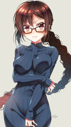 Rule 34 | 1girl, artist name, black-framed eyewear, blue sweater, braid, breasts, brown hair, closed mouth, commentary request, fate/grand order, fate (series), frown, grey background, highres, long hair, looking at viewer, medium breasts, red eyes, ribbed sweater, sakura tsubame, simple background, single braid, solo, sweat, sweater, very long hair, yu mei-ren (fate), yu mei-ren (first ascension) (fate)