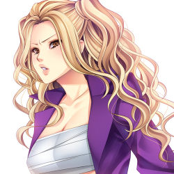 Rule 34 | 1girl, banchou, blonde hair, blush, breasts, brown eyes, cleavage, coat, curly hair, delinquent, female focus, large breasts, long hair, lowres, makeup, momoi komomo, open mouth, original, sarashi, solo, twintails