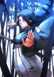Rule 34 | 1girl, bamboo, bamboo forest, black clover, black hair, black kimono, blurry, blurry background, braid, closed mouth, forest, grey hakama, hakama, highres, ikecchi (hayato moon), japanese clothes, katana, kimono, long sleeves, looking at viewer, nature, outstretched hand, parted bangs, petite, sidelocks, single braid, solo, sword, weapon, wide sleeves, yami ichika