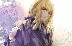 Rule 34 | 1boy, alternate costume, ascot, blonde hair, fate/grand order, fate (series), gloves, grey vest, hair between eyes, hair ribbon, hand up, jacket, kirschtaria wodime, lapel pin, lapels, leaf, leaf background, long hair, long sleeves, looking at viewer, male focus, parted lips, ponytail, print ascot, purple ascot, purple eyes, purple jacket, purple ribbon, ribbon, shirt, solo, striped clothes, striped jacket, tsengyun, upper body, vertical-striped clothes, vertical-striped jacket, vest, white background, white gloves, white shirt