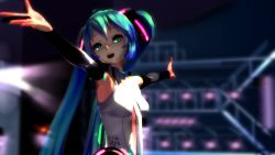 Rule 34 | 1girl, 3d, aliasing, aqua eyes, aqua hair, breasts, bridal gauntlets, center opening, elbow gloves, fingerless gloves, gloves, hatsune miku, hatsune miku (append), highres, long hair, mikumikudance (medium), music, open mouth, outstretched arms, singing, solo, spread arms, twintails, very long hair, vocaloid, tda model (mikumikudance), vocaloid append