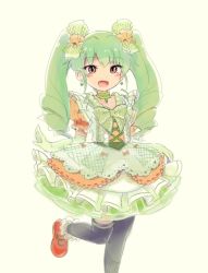 Rule 34 | 10s, 1girl, :d, alternate costume, anchovy (girls und panzer), black thighhighs, blush stickers, bow, brown footwear, choker, commentary, dress, drill hair, earrings, frilled dress, frilled sleeves, frills, girls und panzer, gloves, green bow, green choker, green dress, green gloves, green hair, green ribbon, hair ribbon, highres, idol, jewelry, kosame koori, layered dress, long hair, mary janes, open mouth, print thighhighs, puffy short sleeves, puffy sleeves, red eyes, ribbon, shoes, short sleeves, simple background, single horizontal stripe, sketch, smile, solo, thighhighs, traditional media, twin drills, twintails, white background